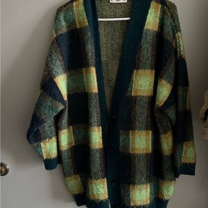Mango Plaid Cardigan - Green and Yellow